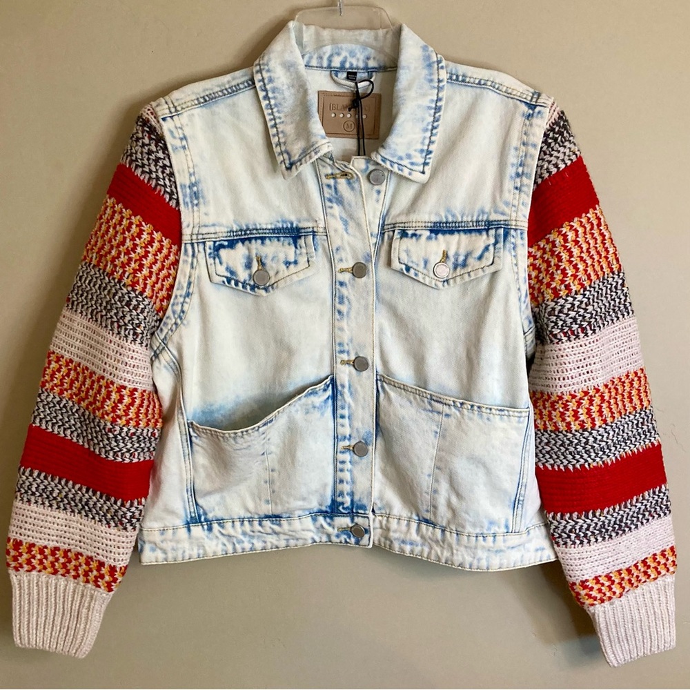 NEW Blank NYC Colorblock Stripe Sweater Sleeve Denim Trucker Jacket Acid Wash M - Picture 7 of 15